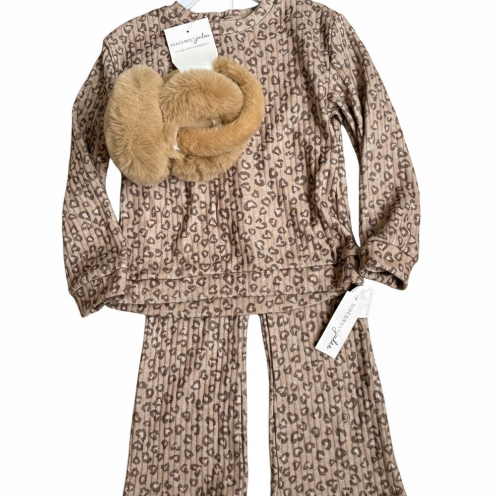 Sincerely Jules Girls 4T Leopard Print Ribbed Set 2pc Top & Pants + Earmuffs NEW